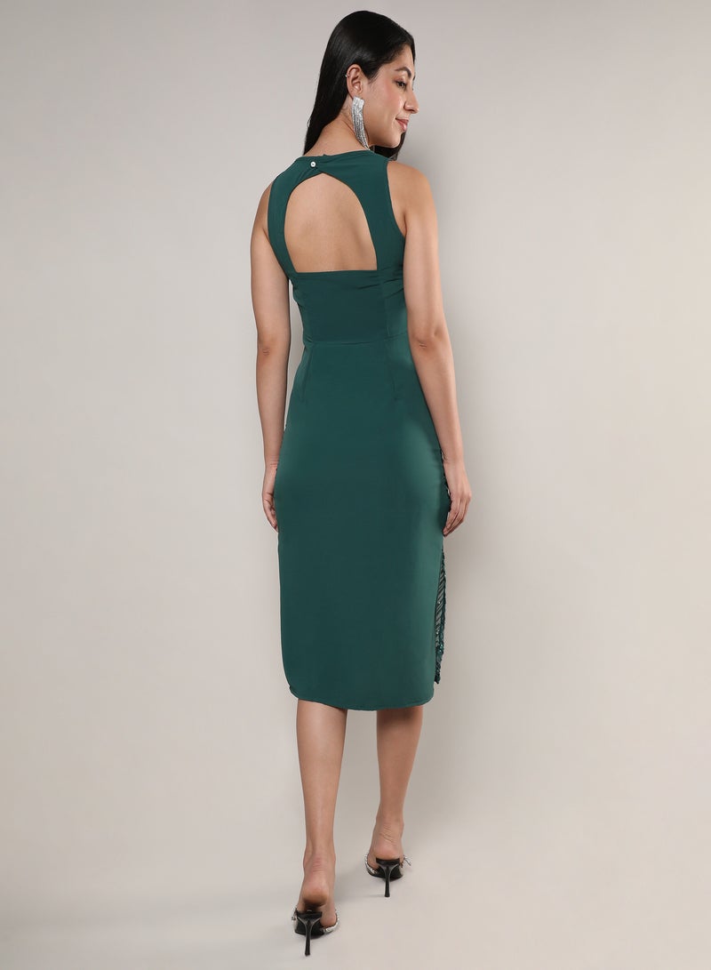 PINACOLADA Women's Forest Green Sequin Slit Dress For Casual Wear | Round Neck | Sleeveless | Zipper Closure | Dress Designed With Comfort Fit For Woman & Girls - Image 5